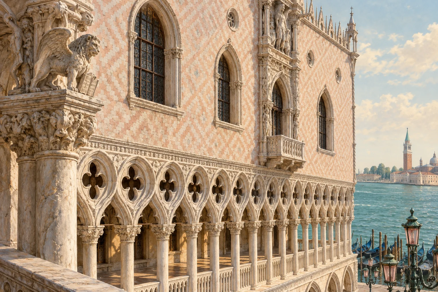 An editorial interpretation of the Doge’s Palace Gothic arcade beside the lagoon