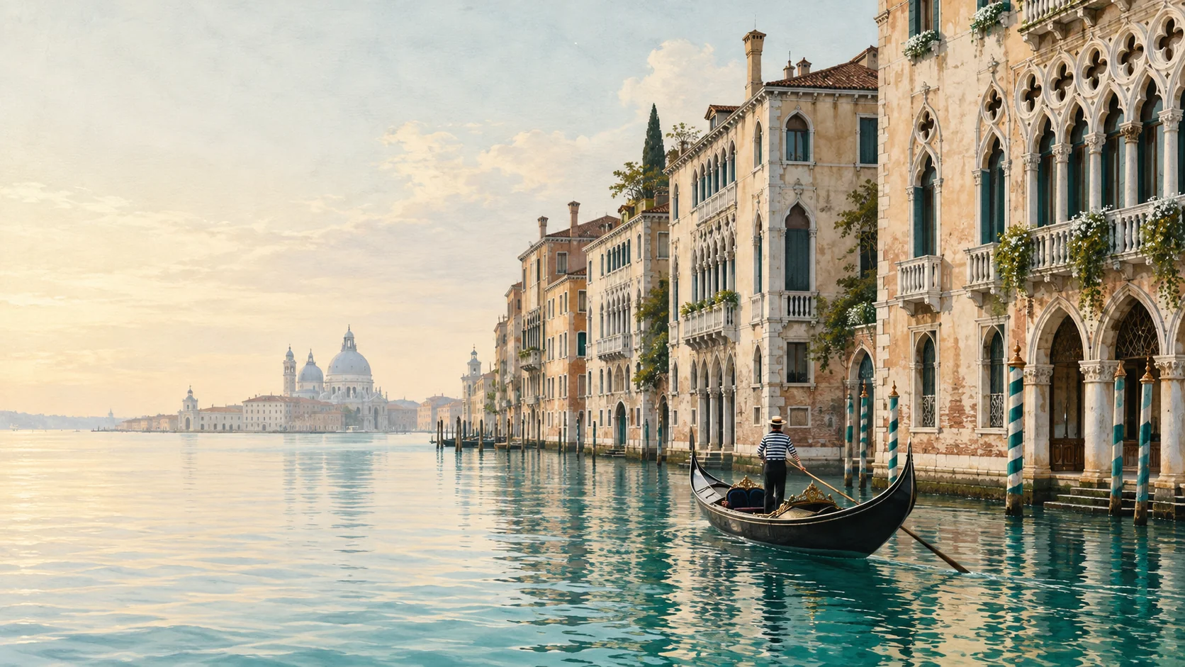 An editorial interpretation of Venetian palazzi and a gondola on the Grand Canal